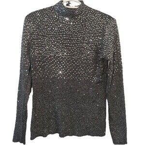 Once Again Black Sequin Ribbed Mock Neck Sweater Top Women’s Large Holiday Party